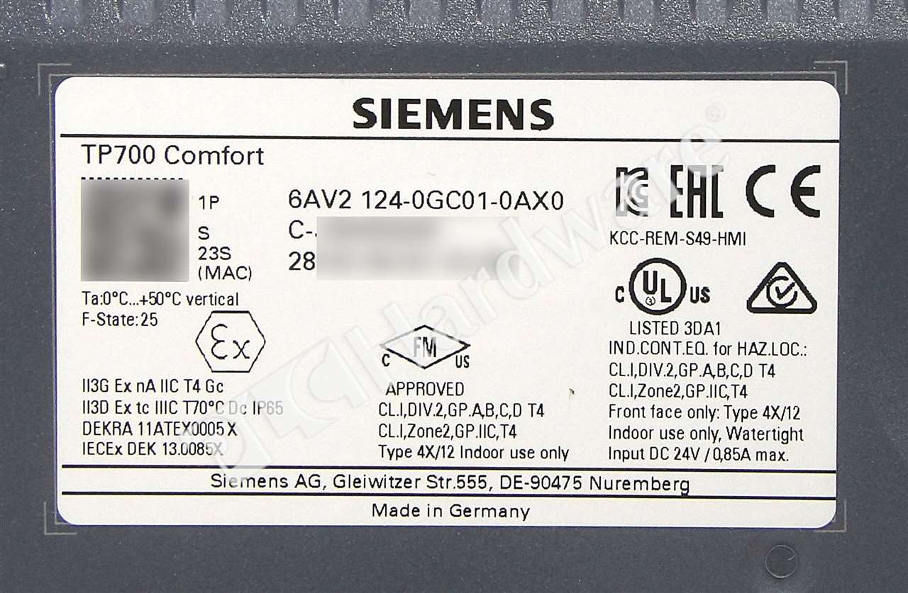 PLC Hardware: Siemens 6AV2124-0GC01-0AX0 SIMATIC TP700 Comfort