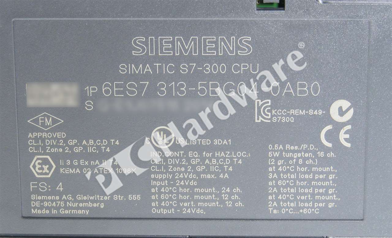 PLC Hardware: Siemens 6ES7313-5BG04-0AB0 SIMATIC S7-300 CPU 313C, MPI, 128KB