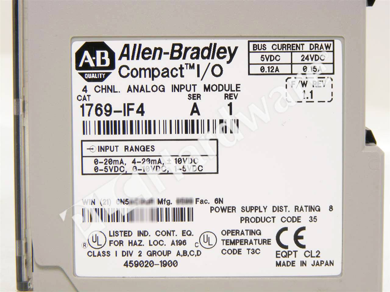 PLC Hardware: Allen Bradley 1769-IF4 4-Ch Analog Current/Voltage Input