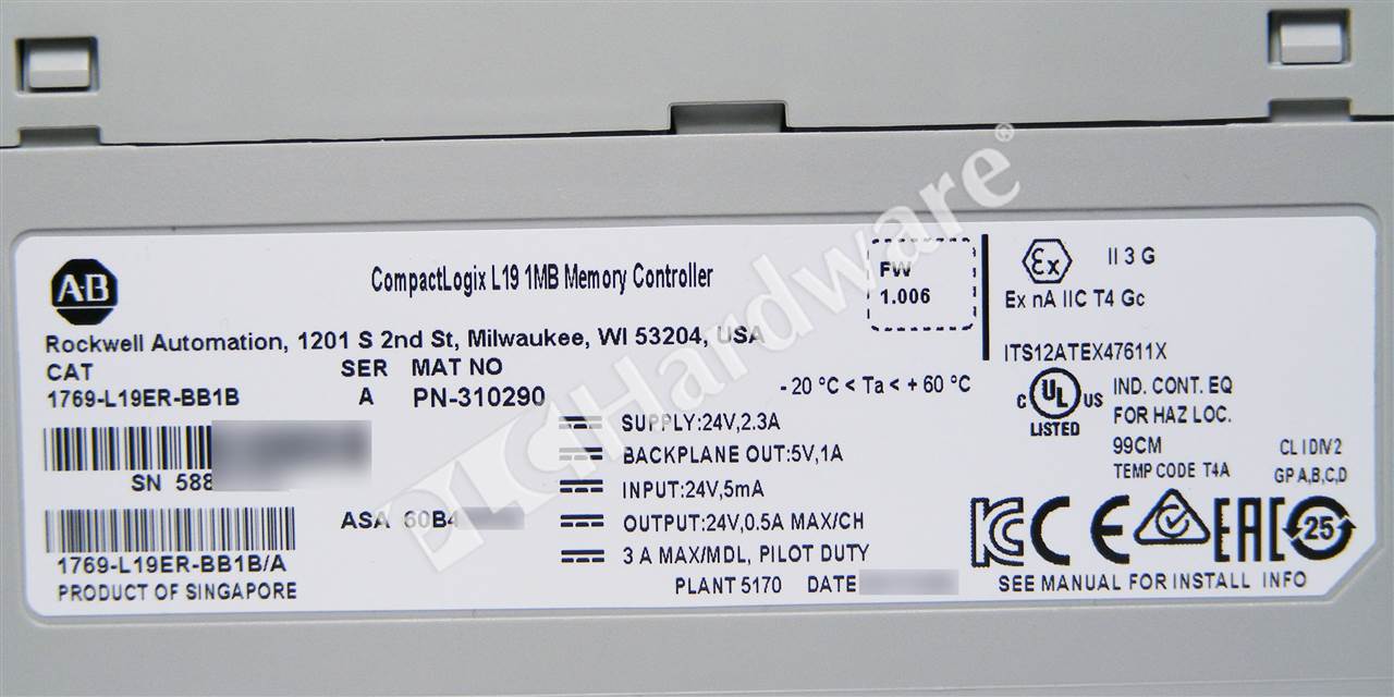 PLC Hardware: Allen-Bradley 1769-L19ER-BB1B CompactLogix 5370 ...