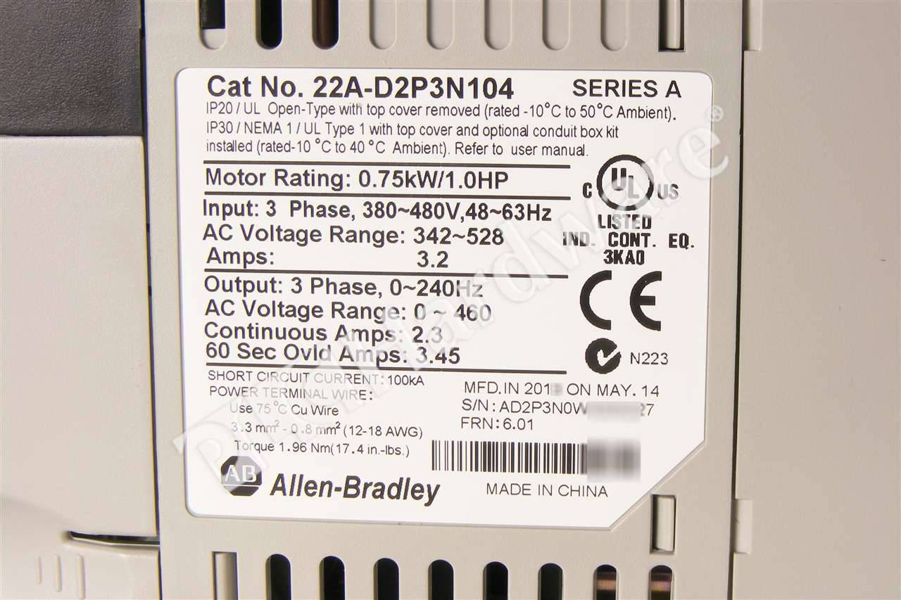 PLC Hardware: Allen-Bradley 22A-D2P3N104 PowerFlex 4 AC Drive 480V