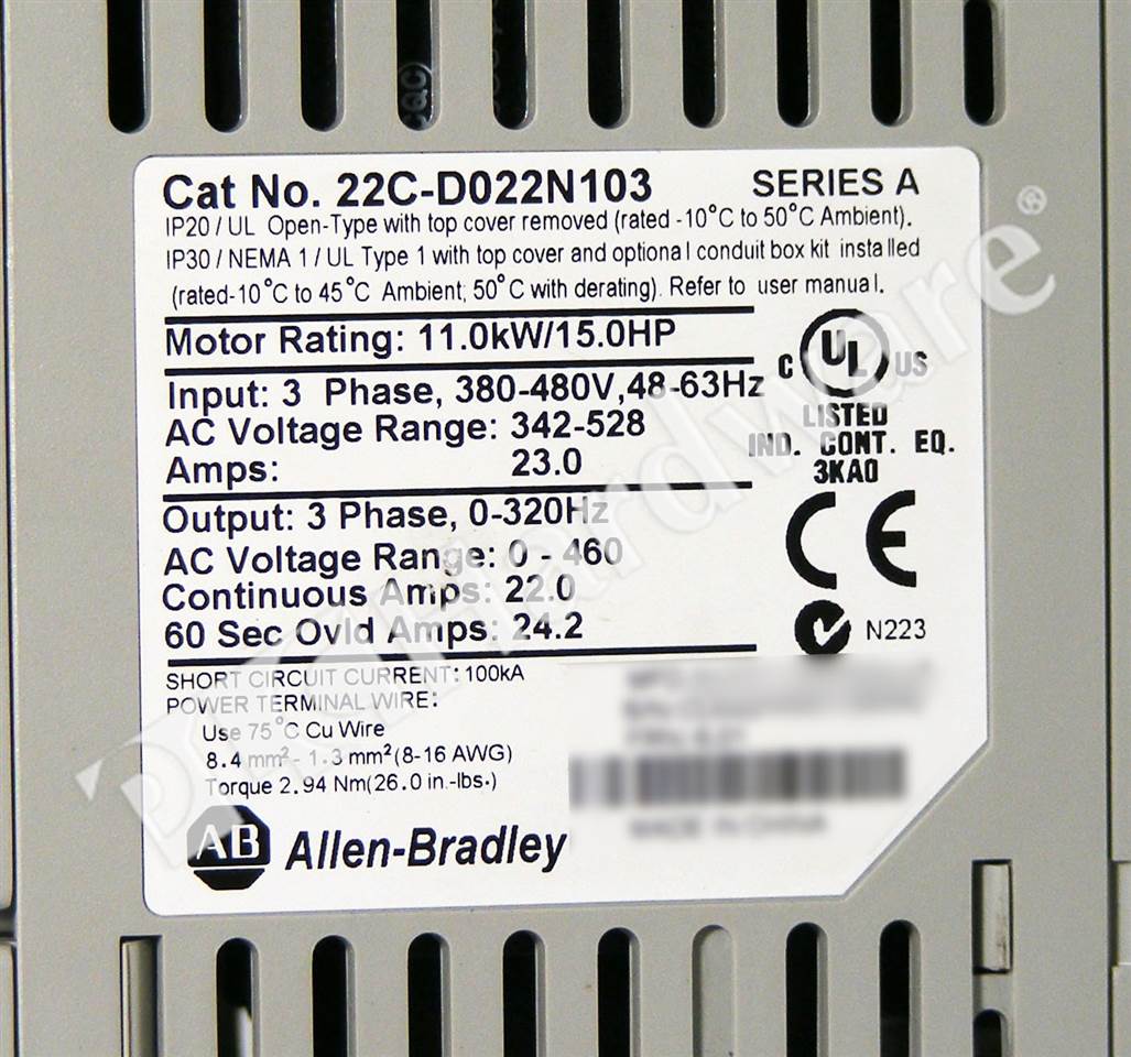 PLC Hardware: Allen-Bradley 22C-D022N103 PowerFlex 400 Fan & Pump Drive  480VAC