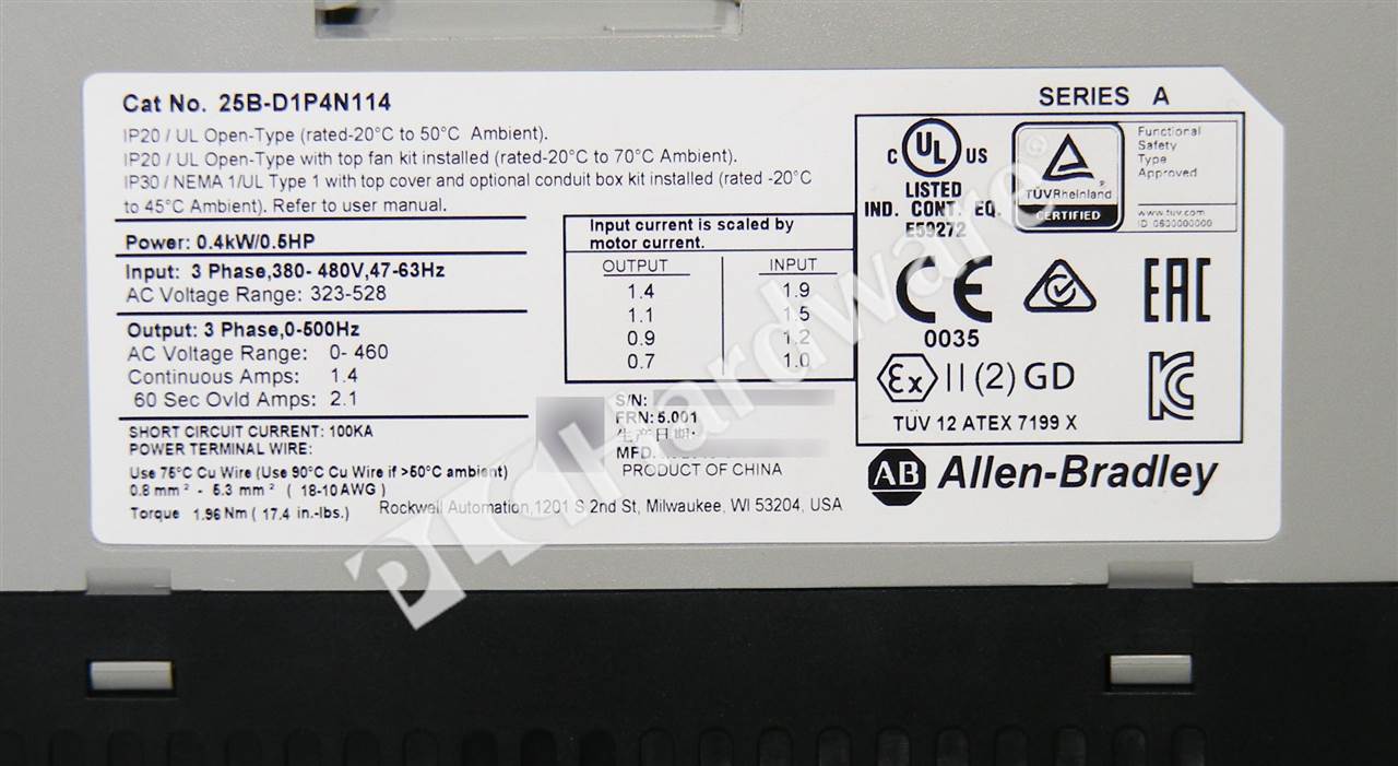 PLC Hardware: Allen-Bradley 25B-D1P4N114 PowerFlex 525 Drive 480V