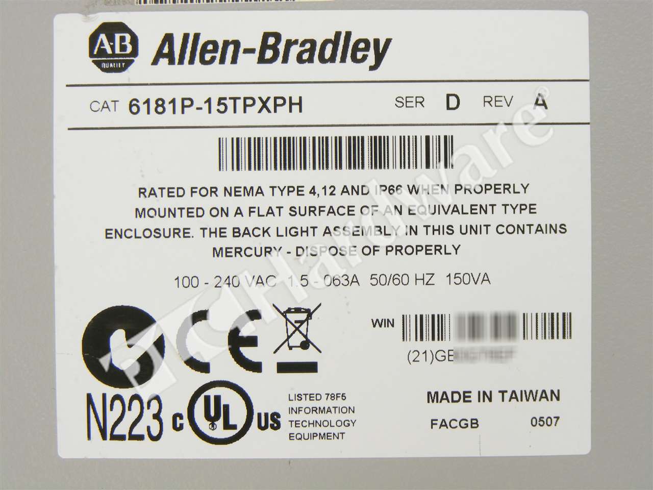PLC Hardware: Allen-Bradley 6181P-15TPXPH VersaView 1500P Toutch