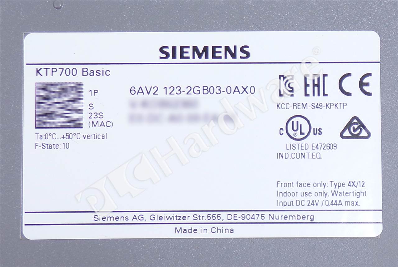 PLC Hardware: Siemens 6AV2 123-2GB03-0AX0 SIMATIC KTP700 Basic