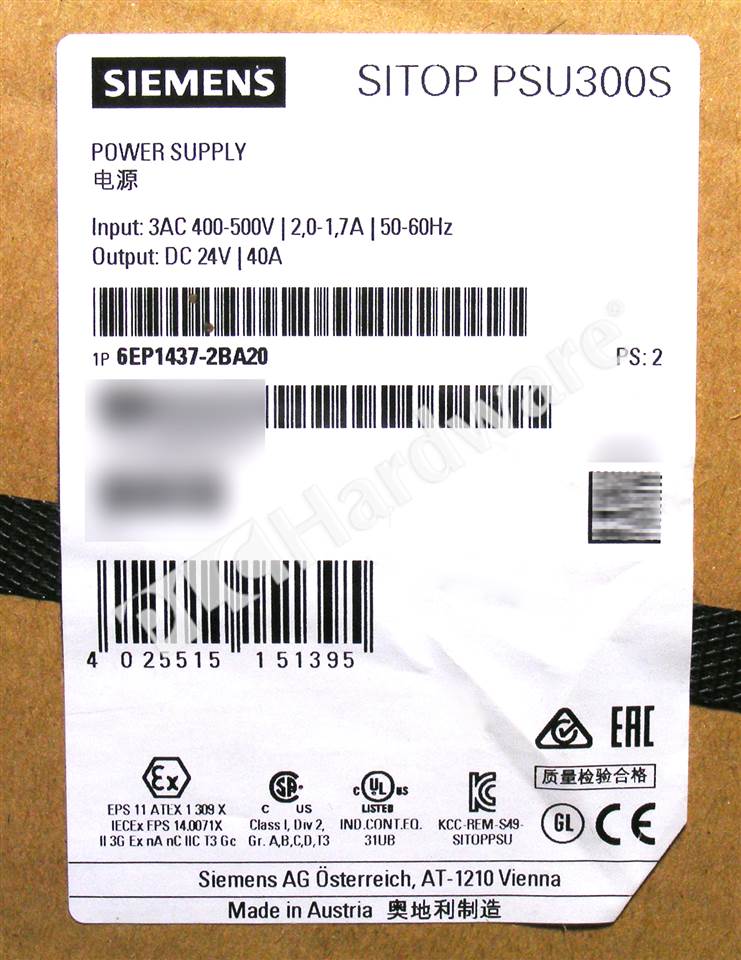 PLC Hardware: Siemens 6EP1437-2BA20 SITOP PCU300S Power Supply, AC