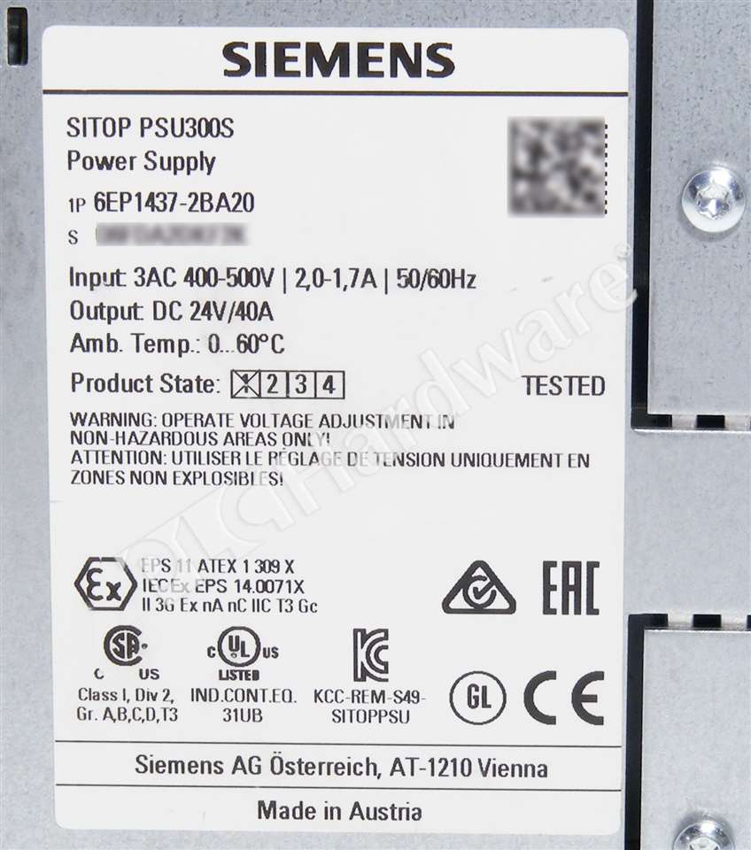 PLC Hardware: Siemens 6EP1437-2BA20 SITOP PCU300S Power Supply, AC