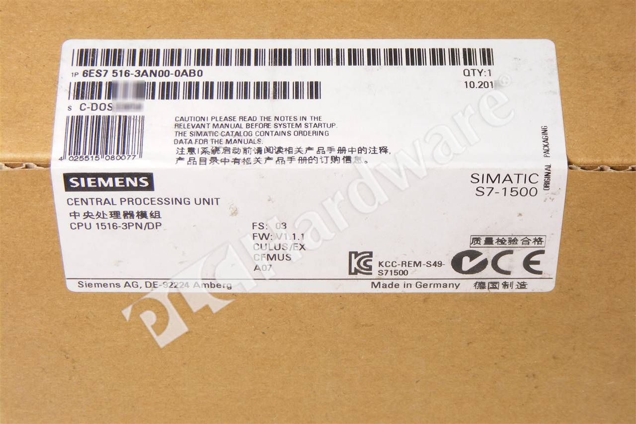 PLC Hardware: Siemens 6ES7516-3AN00-0AB0 SIMATIC S7-1500 CPU 1516-3 PN/DP