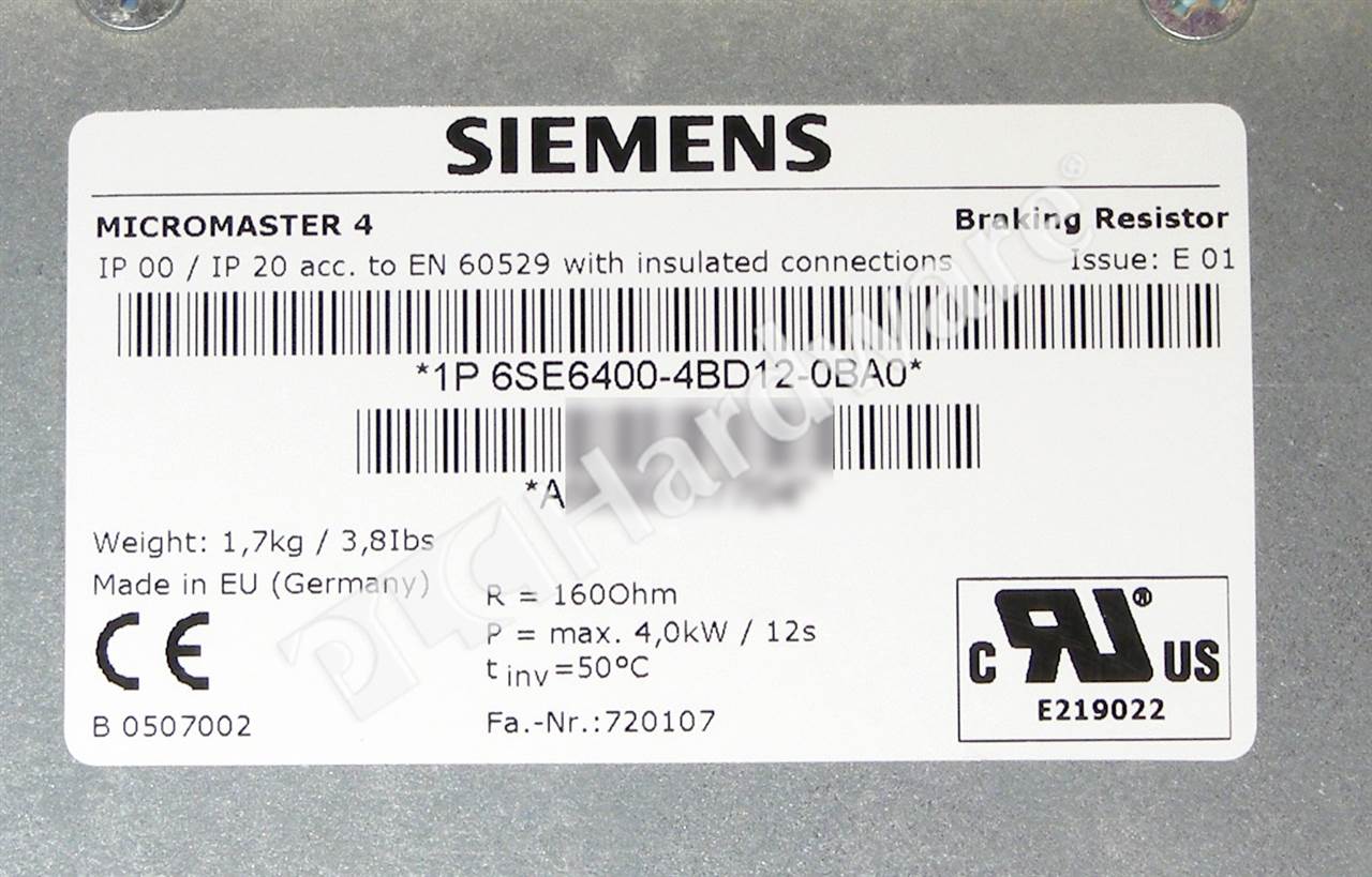 PLC Hardware: Siemens 6SE6400-4BD12-0BA0 MICROMASTER 4 Braking