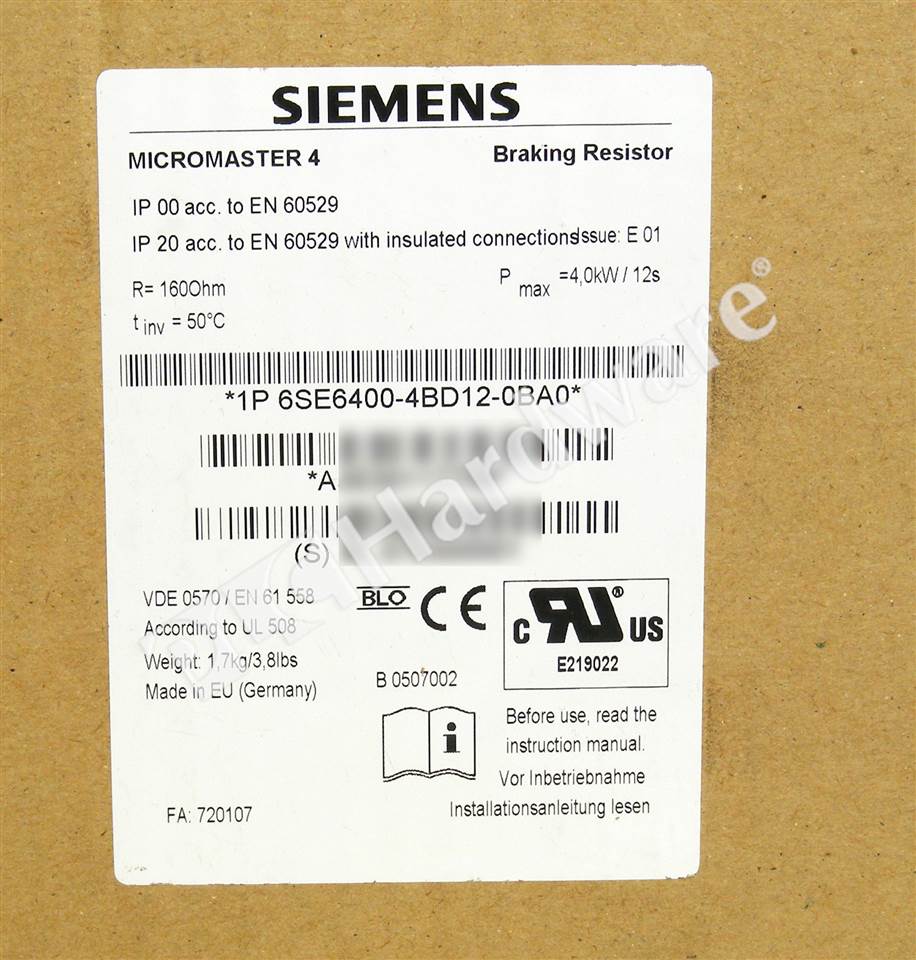 PLC Hardware: Siemens 6SE6400-4BD12-0BA0 MICROMASTER 4 Braking