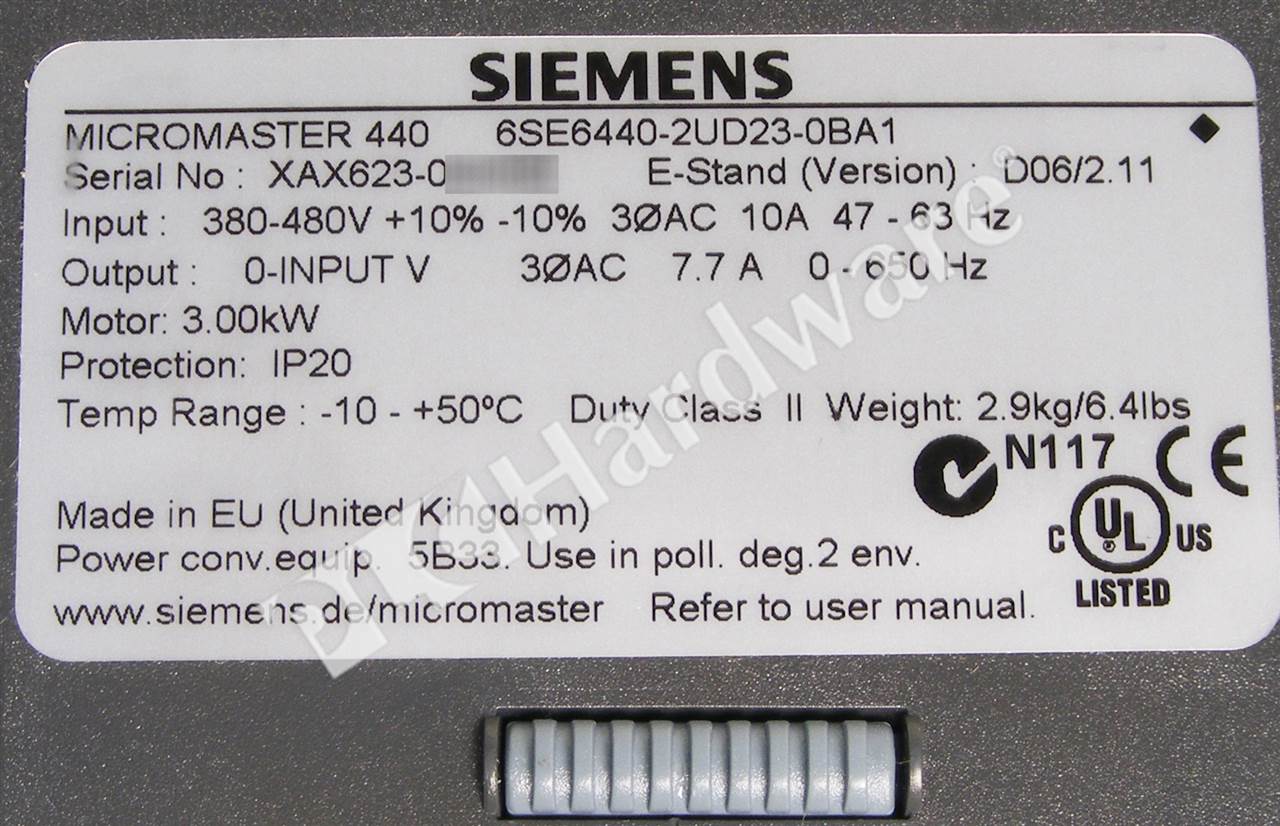 PLC Hardware: Siemens 6SE6440-2UD23-0BA1 MICROMASTER 440 AC Drive